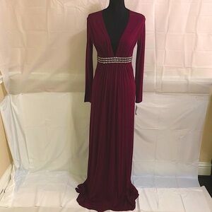 SKY Low-cut V-neck Long Sleeve Maxi Dress Burgundy Size XS
